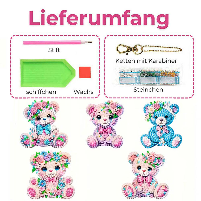 5D Diamond Painting Anhänger – Teddys im Blumenparadies 5 Stück, Unique-Diamond
