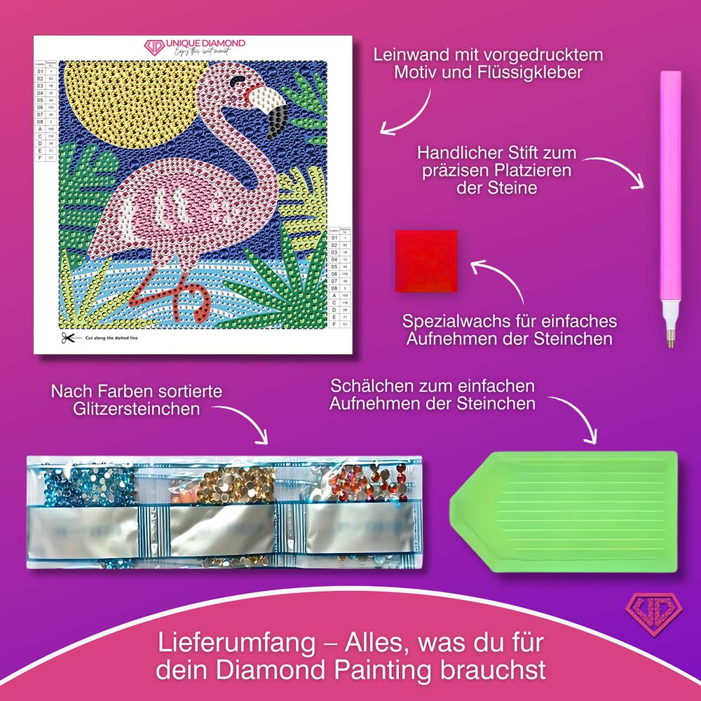 5D Diamond Painting Flamingo Luna im Sonnenlicht mit Strasssteinche, Unique-Diamond
