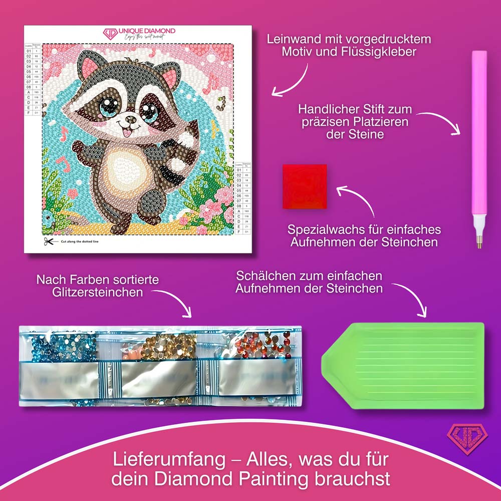 5D Diamond Painting Fröhlicher Waschbär Ricky mit Strasssteinchen, Unique-Diamond