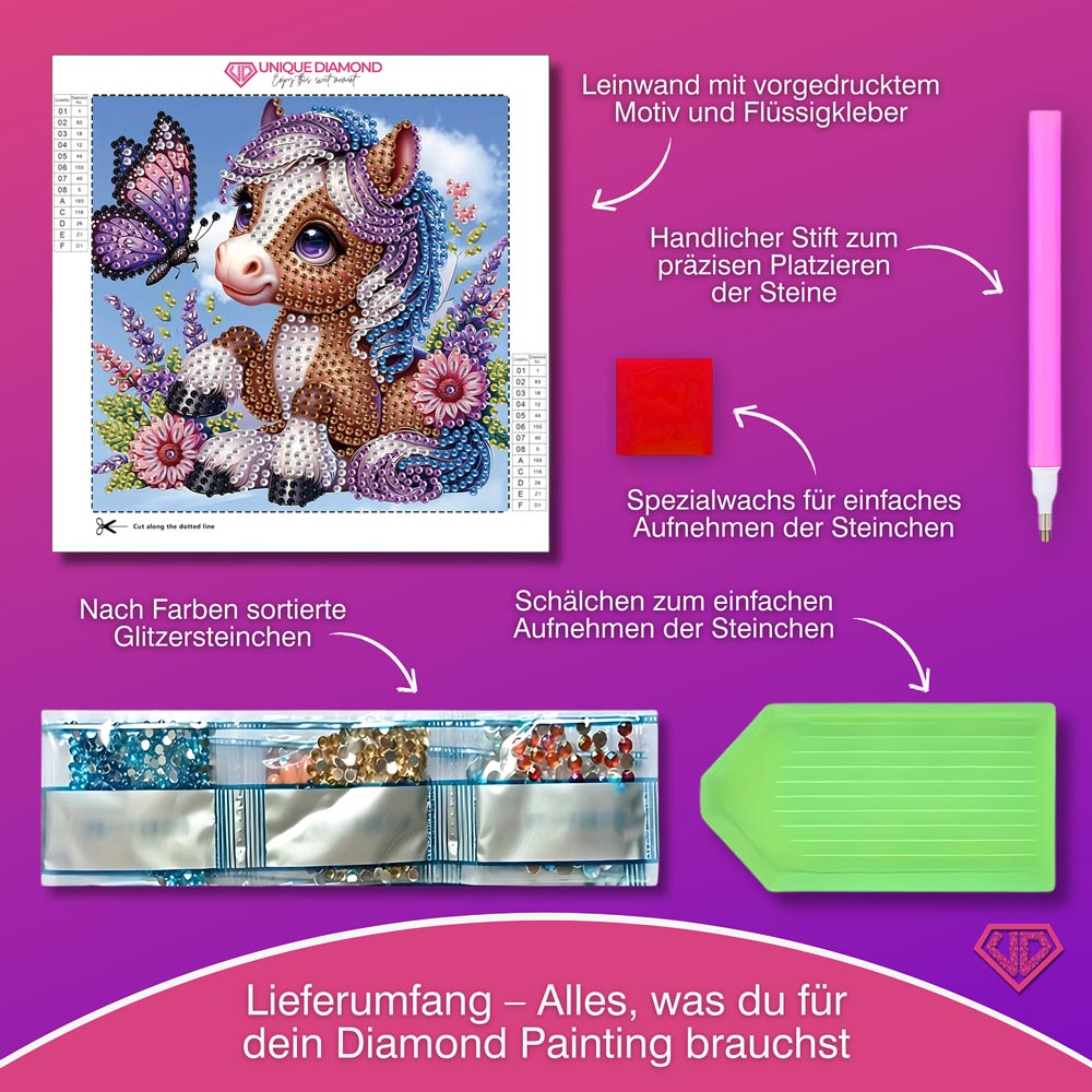 5D Diamond Painting Mini-Bild – Lavendelpony & Schmetterling