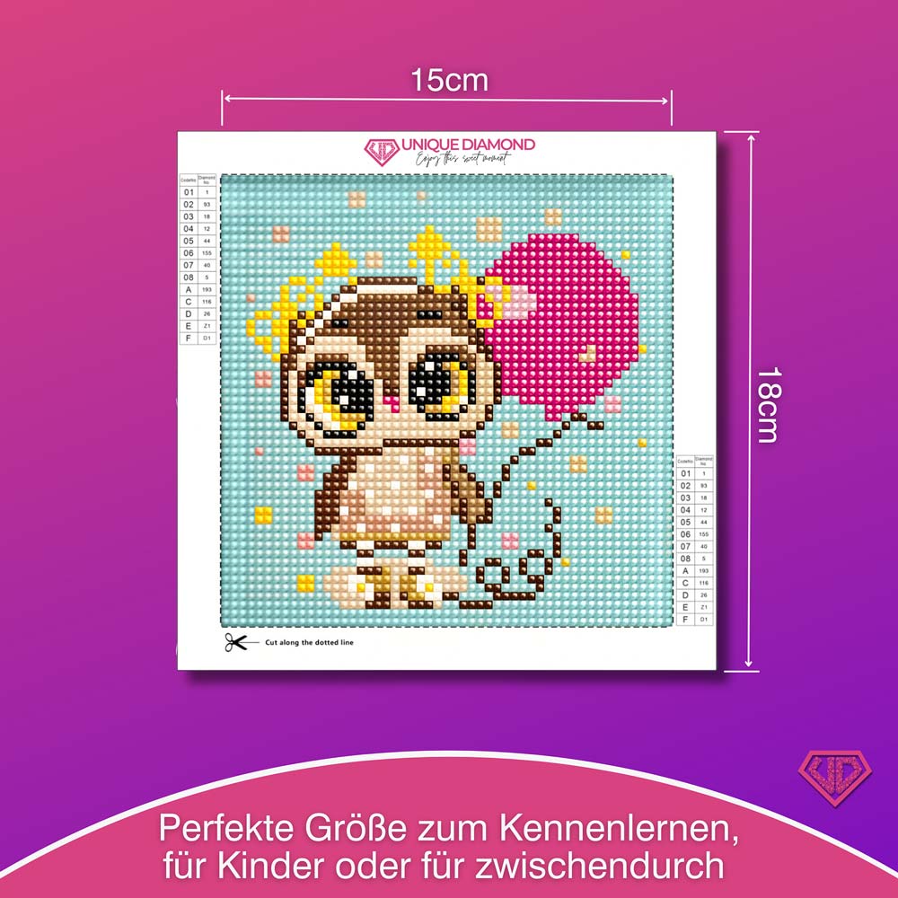 5D Diamond Painting Mini-Bild – Party-Eule Elina mit Herzballon, Unique-Diamond