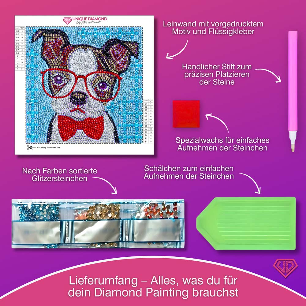 5D Diamond Painting Professor Wuff mit Strasssteine, Unique-Diamond