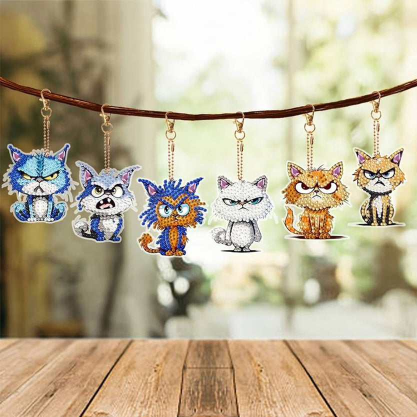 5D Diamond Painting Schlüsselanhänger Bad Cats 6 Stück, Unique-Diamond