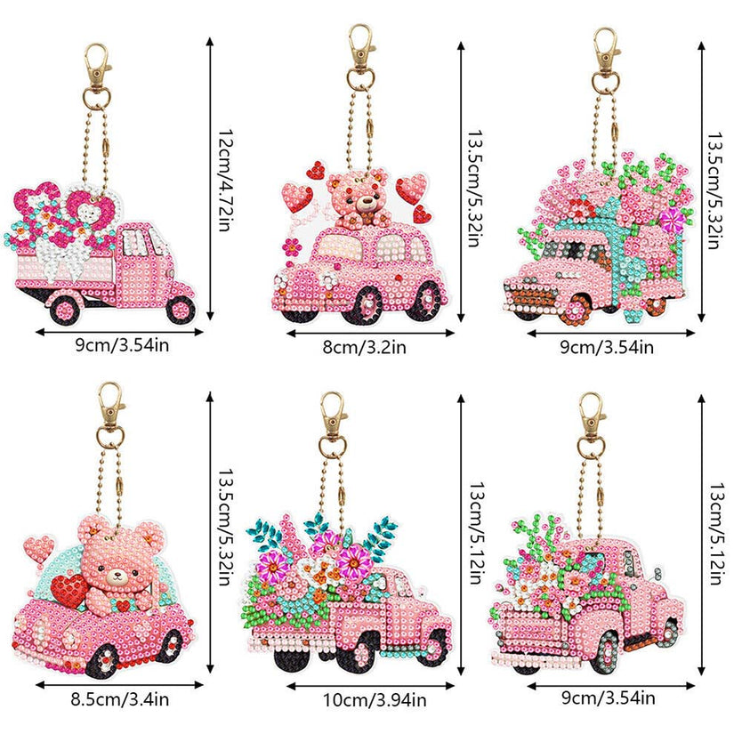 5D Diamond Painting Schlüsselanhänger Rosa Wagen 6 Stück, Unique-Diamond