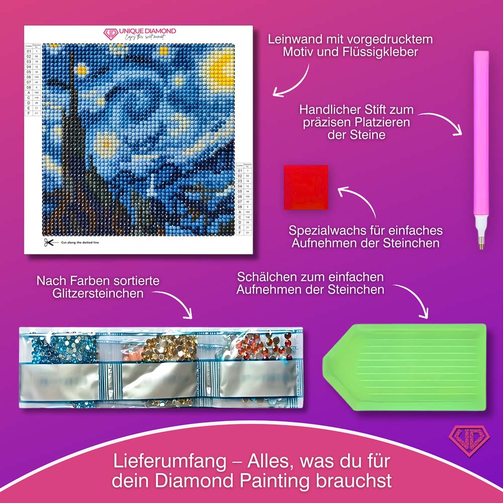 5D Diamond Painting Sternennacht von Vincent van Gogh, Unique-Diamond