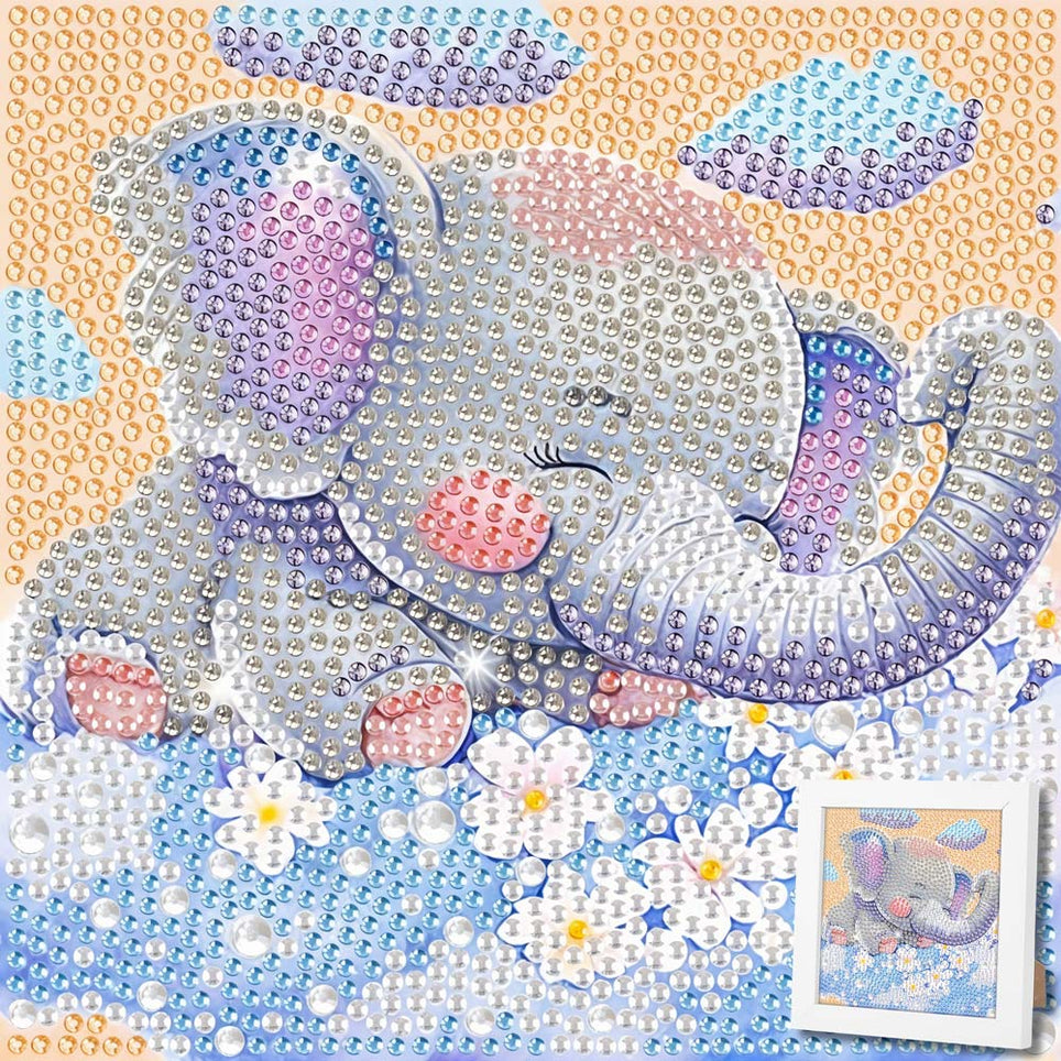5D Diamond Painting Träumender Elefant Emil auf Blumenwolken mit Strasssteinchen, Unique-Diamond
