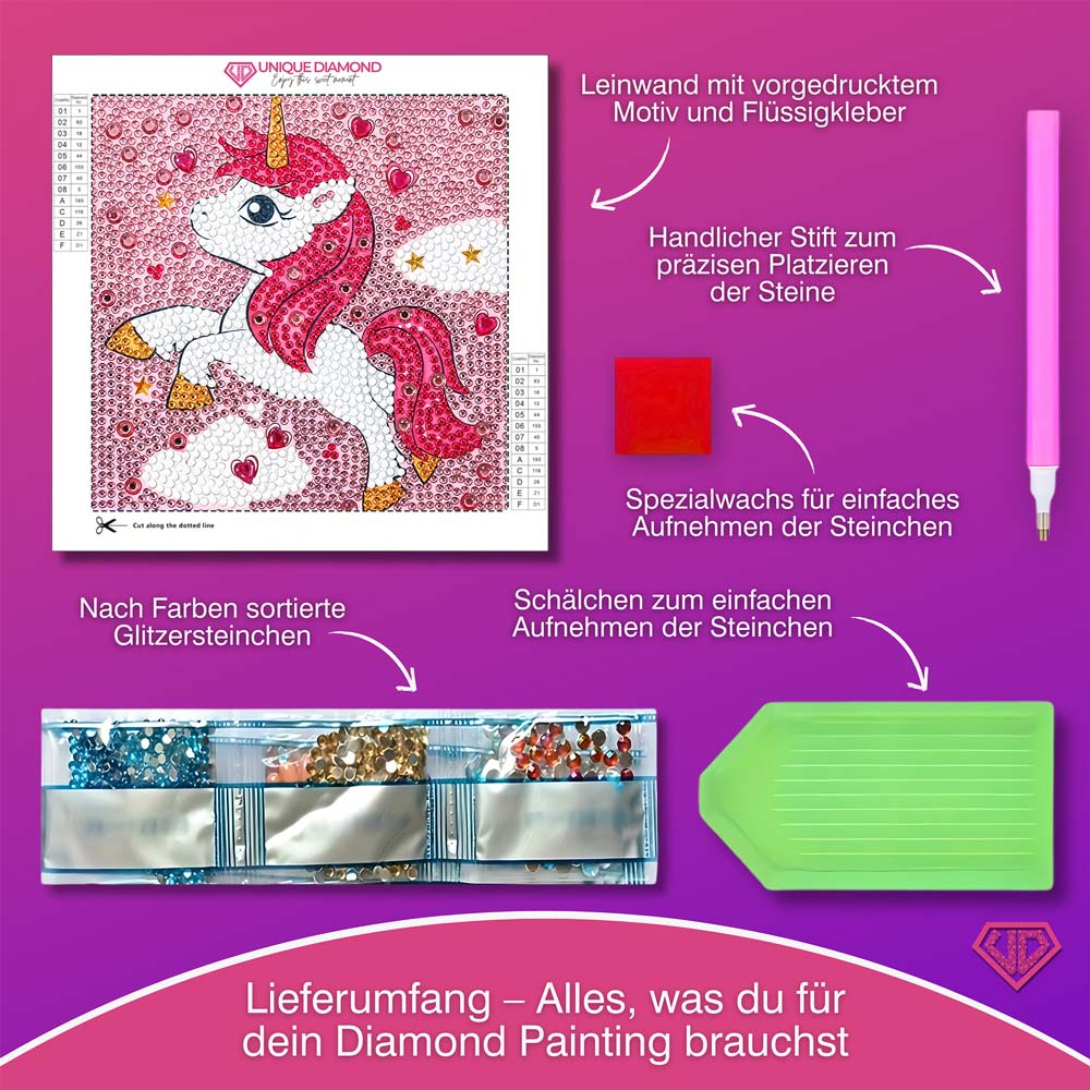 5D Diamond Painting Unicorn in Love mit Strasssteinchen, Unique-Diamond