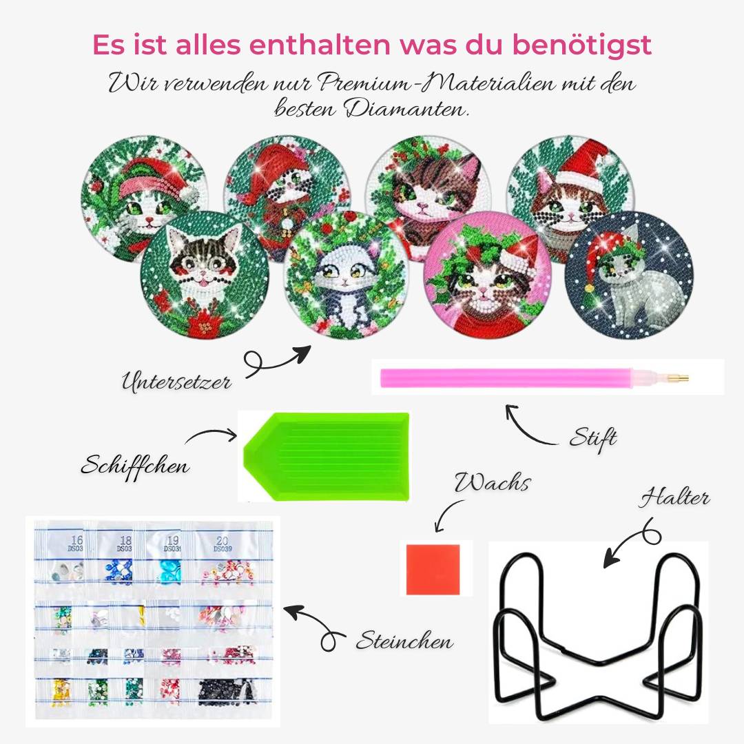 5D Diamond Painting Untersetzer – Weihnachtskatzen, Unique-Diamond