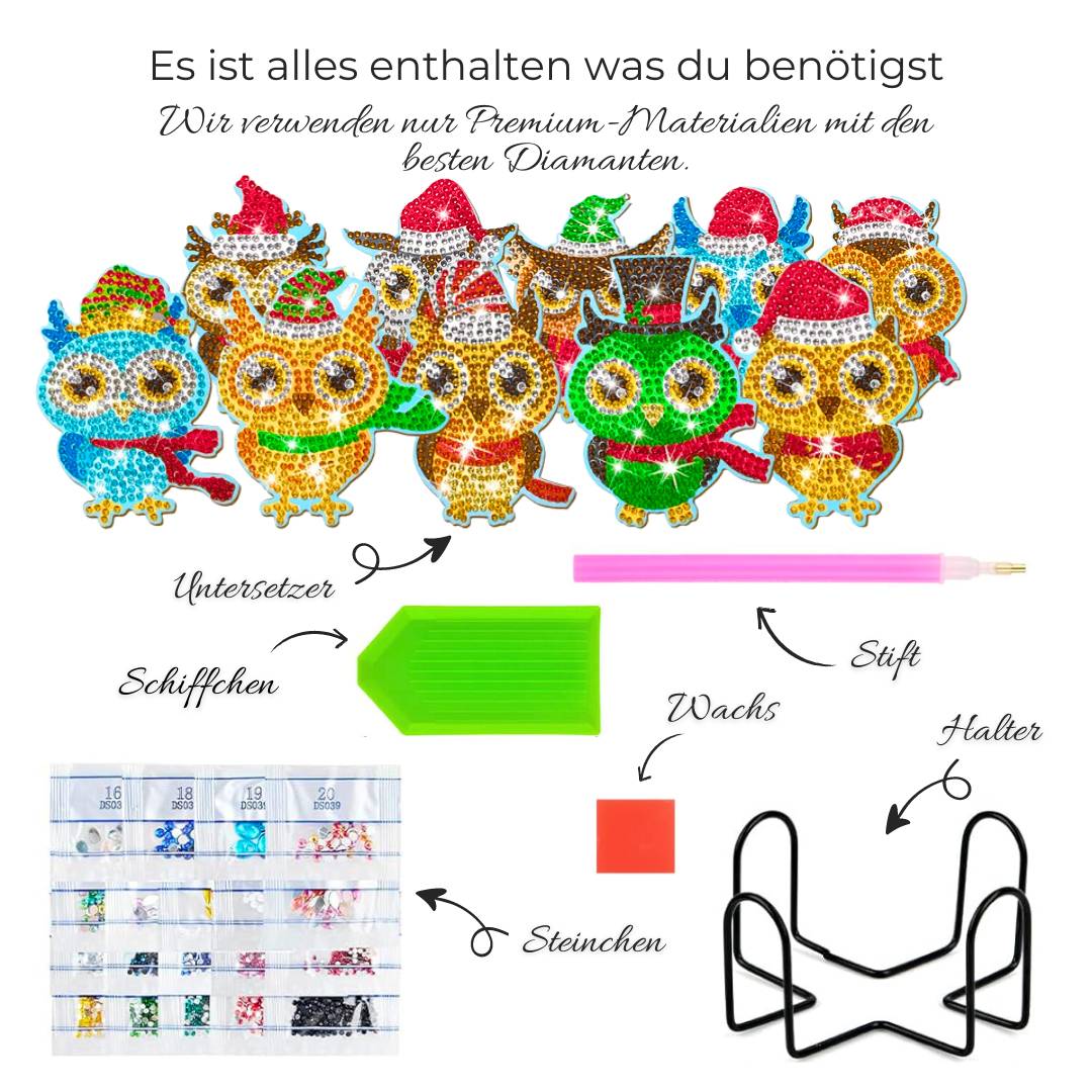 5D Diamond Painting Untersetzer Weihnachts-Eulen, Unique-Diamond