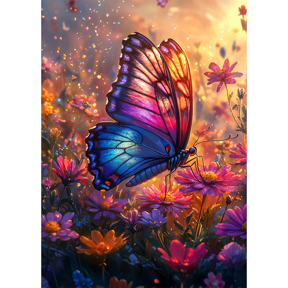 5D Diamond Painting AB Steine - Schmetterling im Blumenmeer, Unique-Diamond