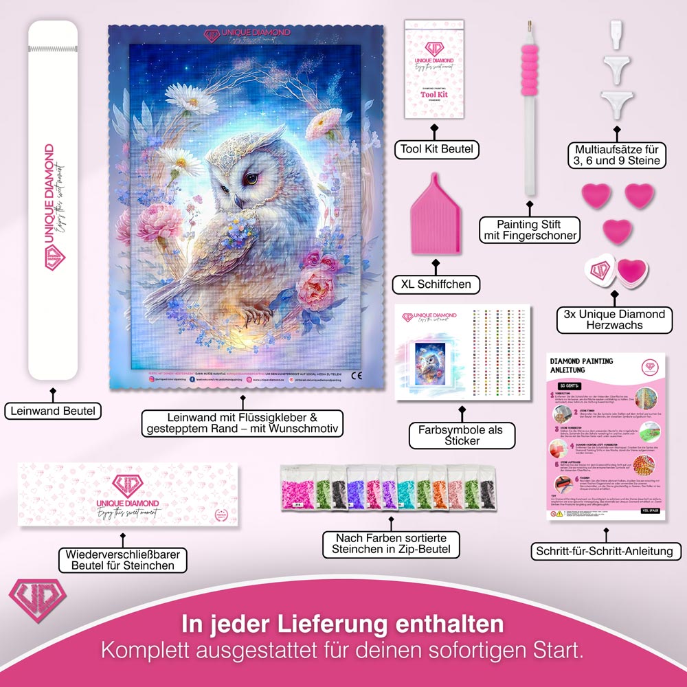 5D Diamond Painting – Eule mit Blumen Unique-Diamond