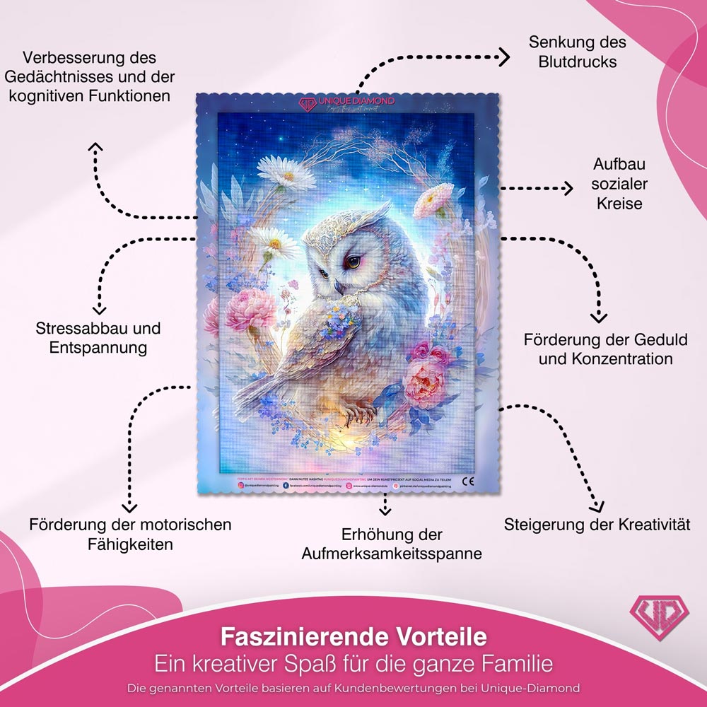 5D Diamond Painting – Eule mit Blumen Unique-Diamond