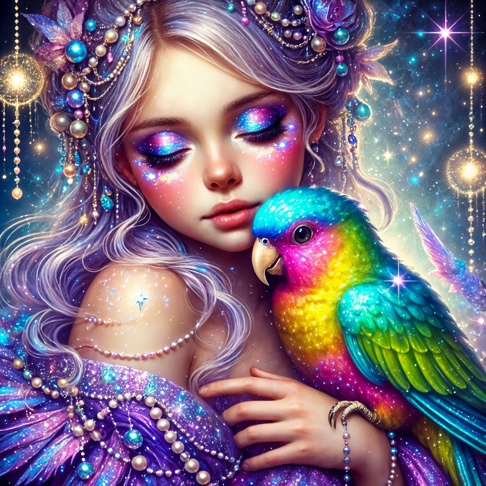 5D Diamond Painting AB Steine – Sternenelfe mit Regenbogenvogel, Unique-Diamond