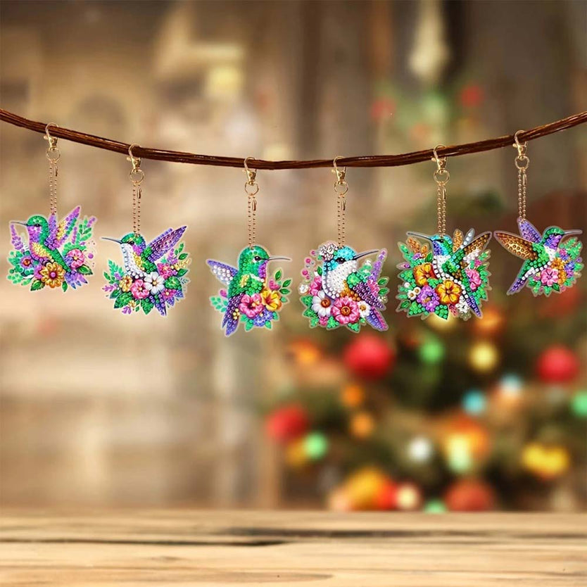 5D Diamond Painting Anhänger – Kolibri-Wunder im Blumenmeer 6 Stück, Unique-Diamond