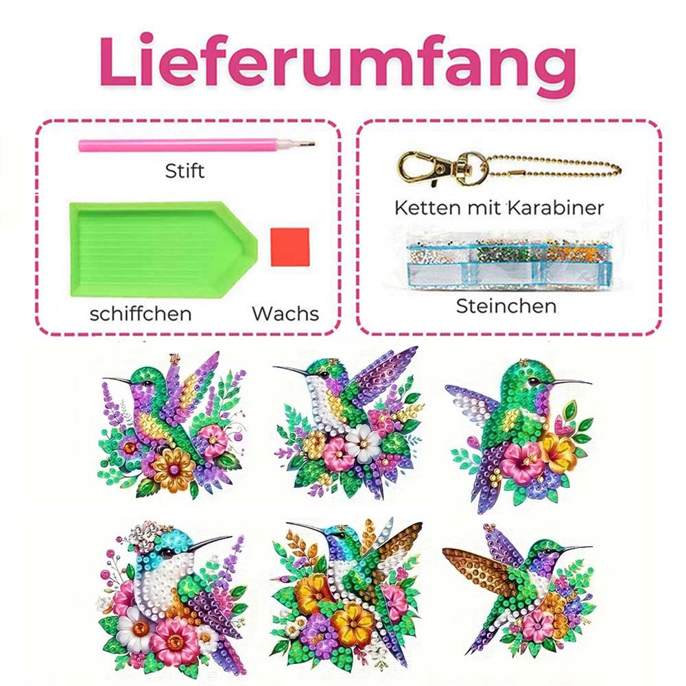5D Diamond Painting Anhänger – Kolibri-Wunder im Blumenmeer 6 Stück, Unique-Diamond
