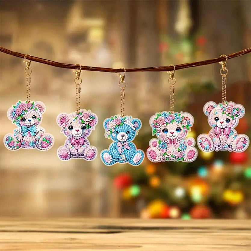 5D Diamond Painting Anhänger – Teddys im Blumenparadies 5 Stück, Unique-Diamond