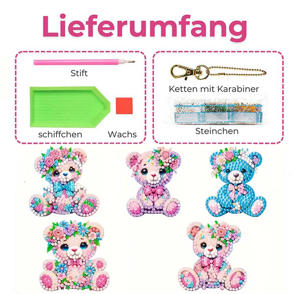 5D Diamond Painting Anhänger – Teddys im Blumenparadies 5 Stück, Unique-Diamond