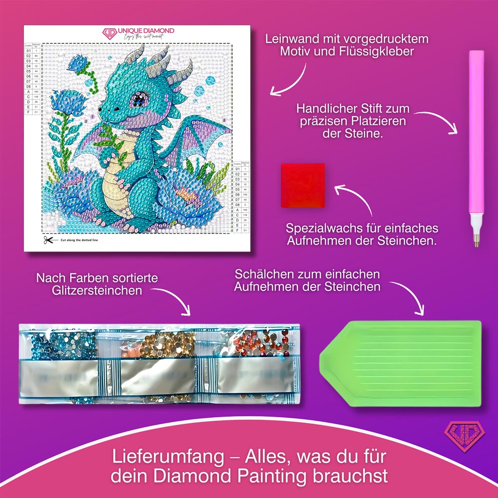 5D Diamond Painting Blüten-Drache Lumi mit Strasssteinchen, Unique-Diamond