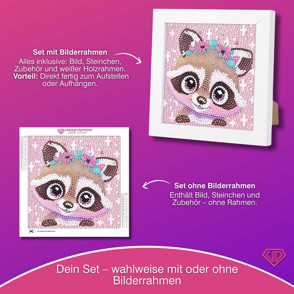 5D Diamond Painting Blütenwaschbär Momo mit Strasssteinchen, Unique-Diamond