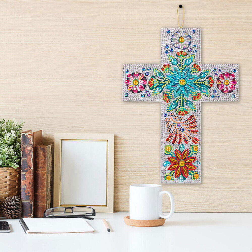 5D Diamond Painting Dekoanhänger Kreuz mit Blumen, Unique-Diamond