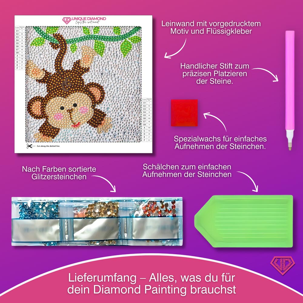 5D Diamond Painting Dschungelspaß mit Chico mit Strasssteinchen, Unique-Diamond