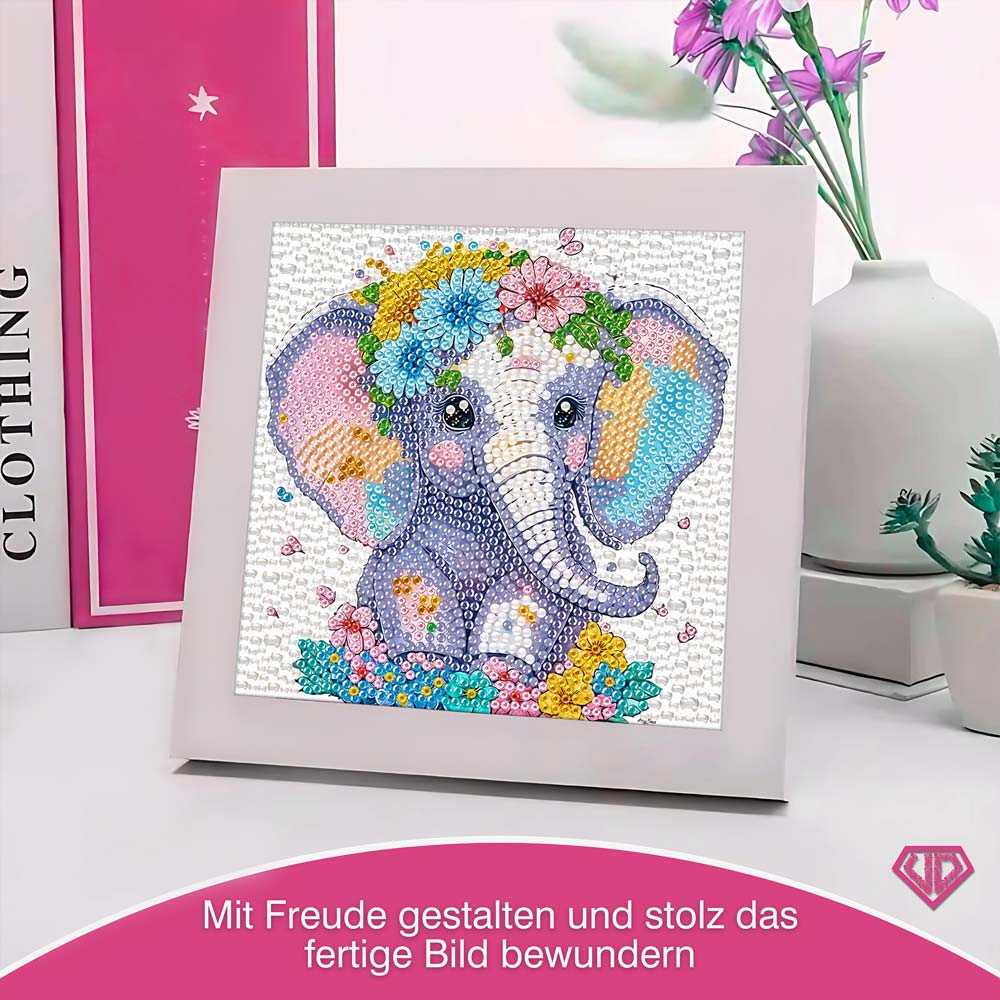 5D Diamond Painting Elefant Elli im Blumenmeer mit Strasssteinchen, Unique-Diamond