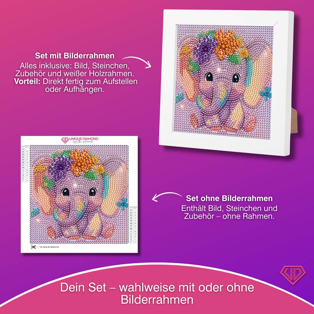 5D Diamond Painting Elefantenbaby Ella mit Strasssteinchen, Unique-Diamond