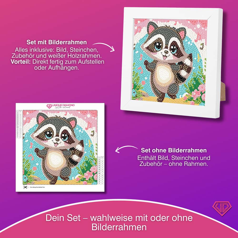 5D Diamond Painting Fröhlicher Waschbär Ricky mit Strasssteinchen, Unique-Diamond