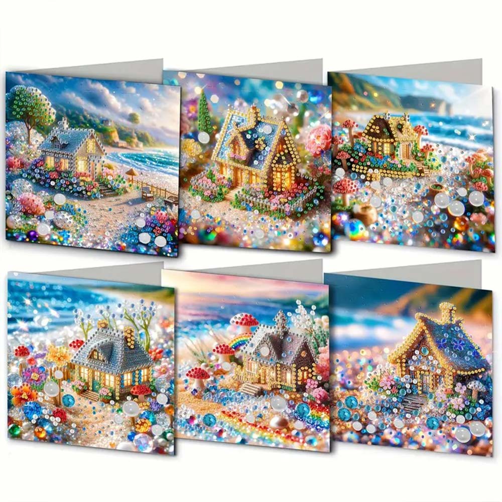 5D Diamond Painting Grußkarten – Glitzerhäuschen am Meer, Unique-Diamond