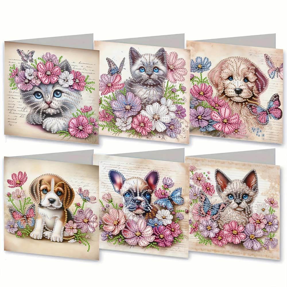 5D Diamond Painting Grußkarten – Tierische Blumengrüße 6 Stück, Unique-Diamond
