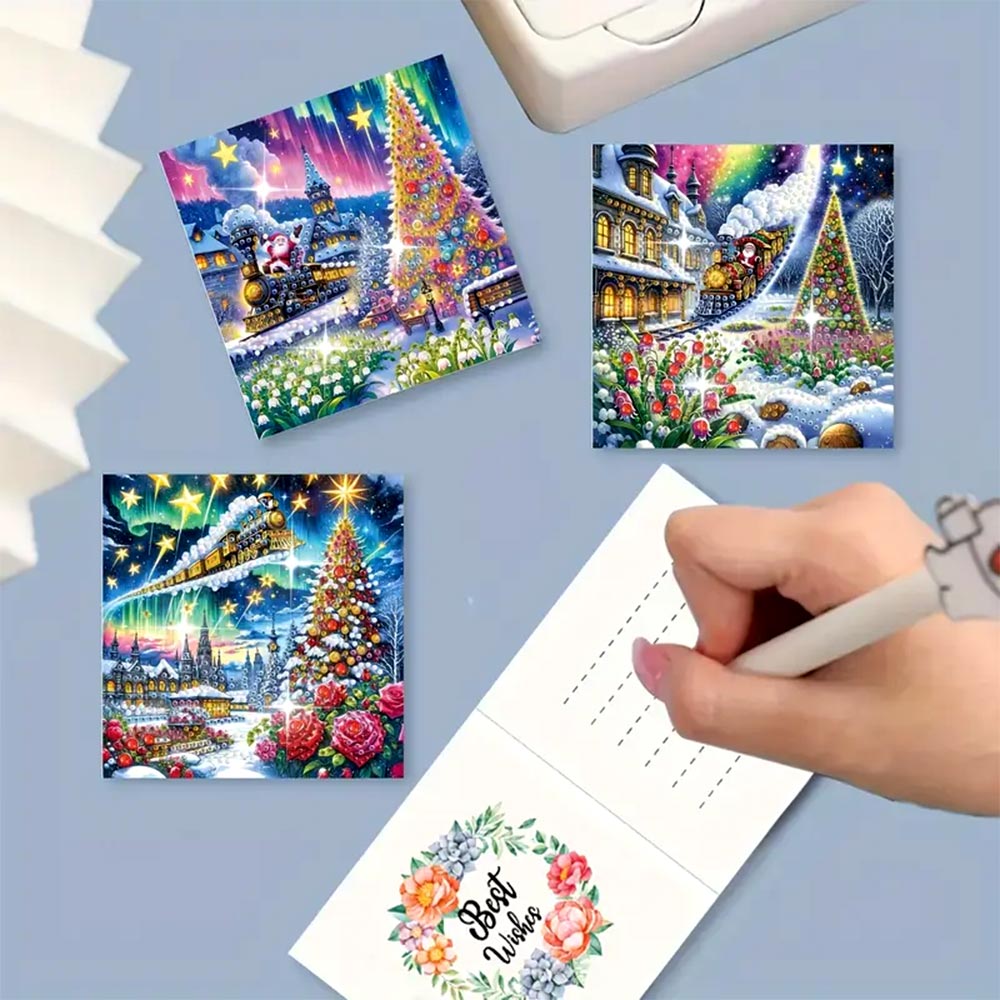 5D Diamond Painting Grußkarten – Weihnachtszug & Nordlichter-Magie, Unique-Diamond