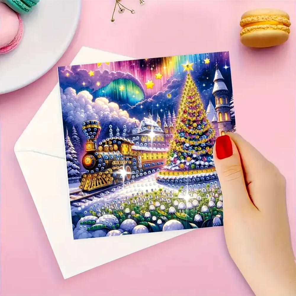 5D Diamond Painting Grußkarten – Weihnachtszug & Nordlichter-Magie, Unique-Diamond