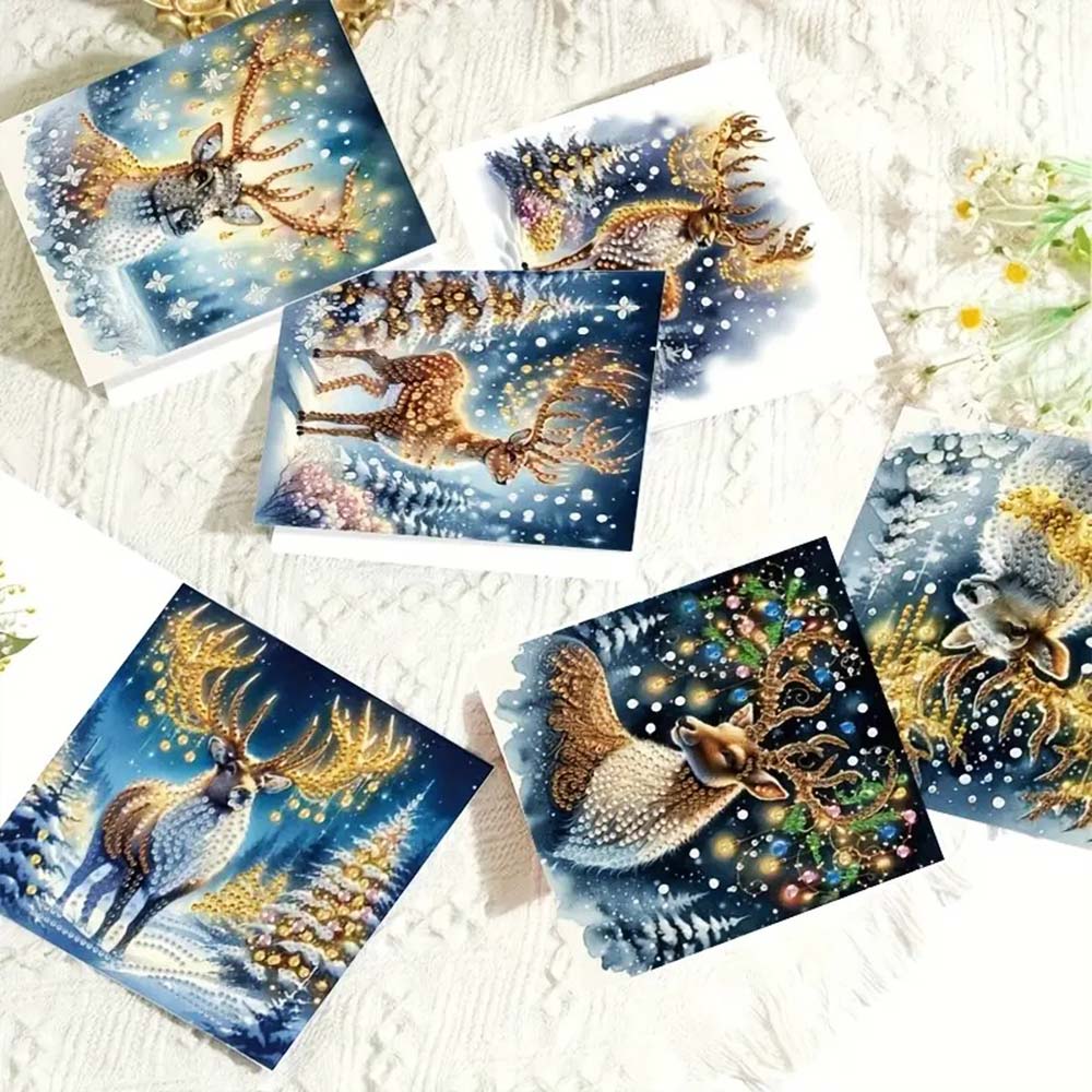 5D Diamond Painting Grußkarten – Winterhirsche im Lichterglanz Unique-Diamond