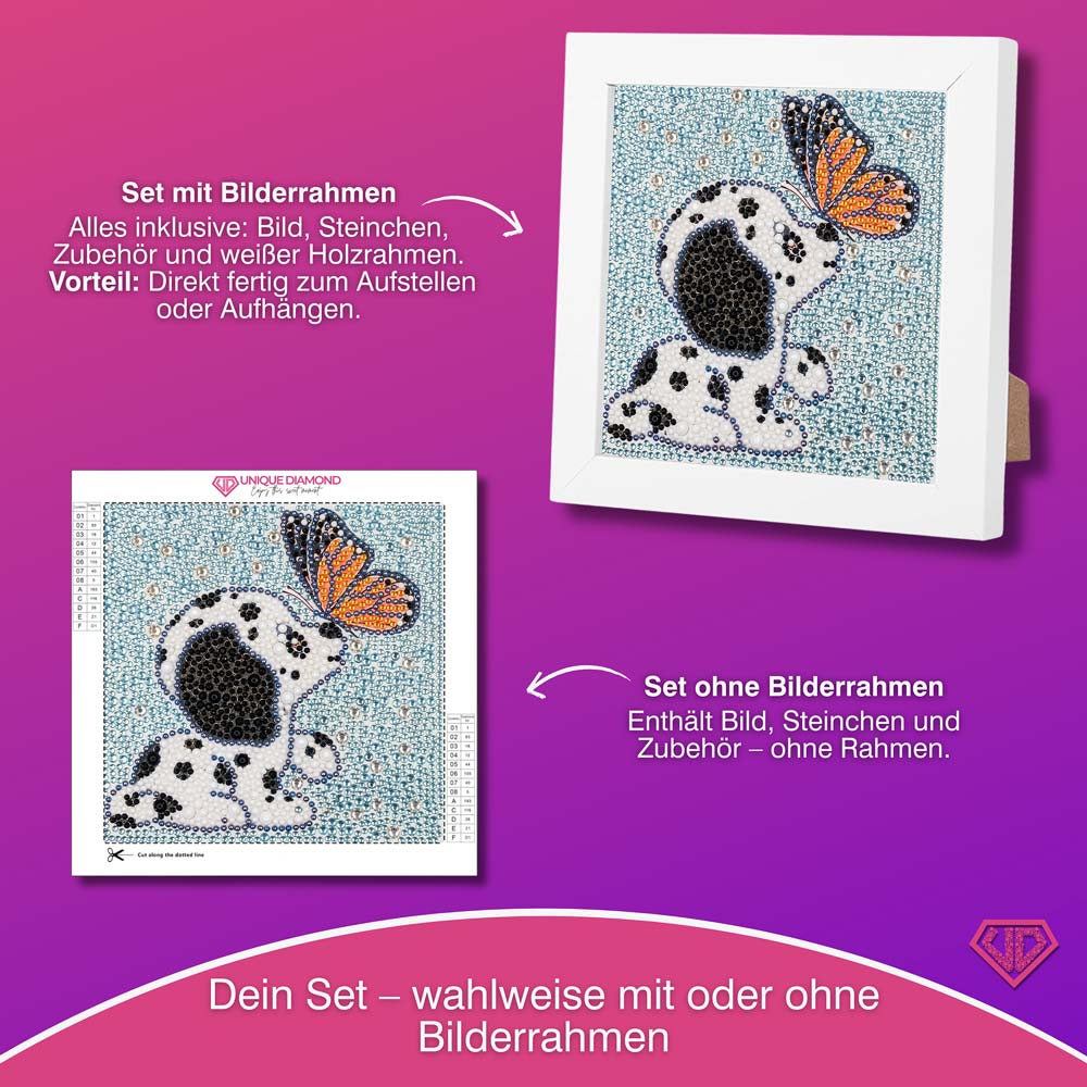 5D Diamond Painting Hund mit Schmetterling Strasssteine