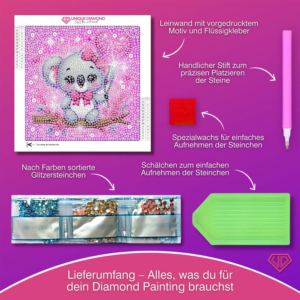 5D Diamond Painting Koala-Mädchen Lani mit Herzballon mit Strasssteinchen, Unique-Diamond