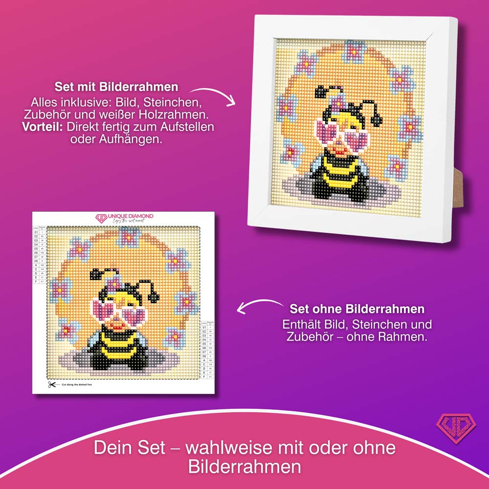 5D Diamond Painting Mini-Bild – Biene Betty mit Herzbrille, Unique-Diamond