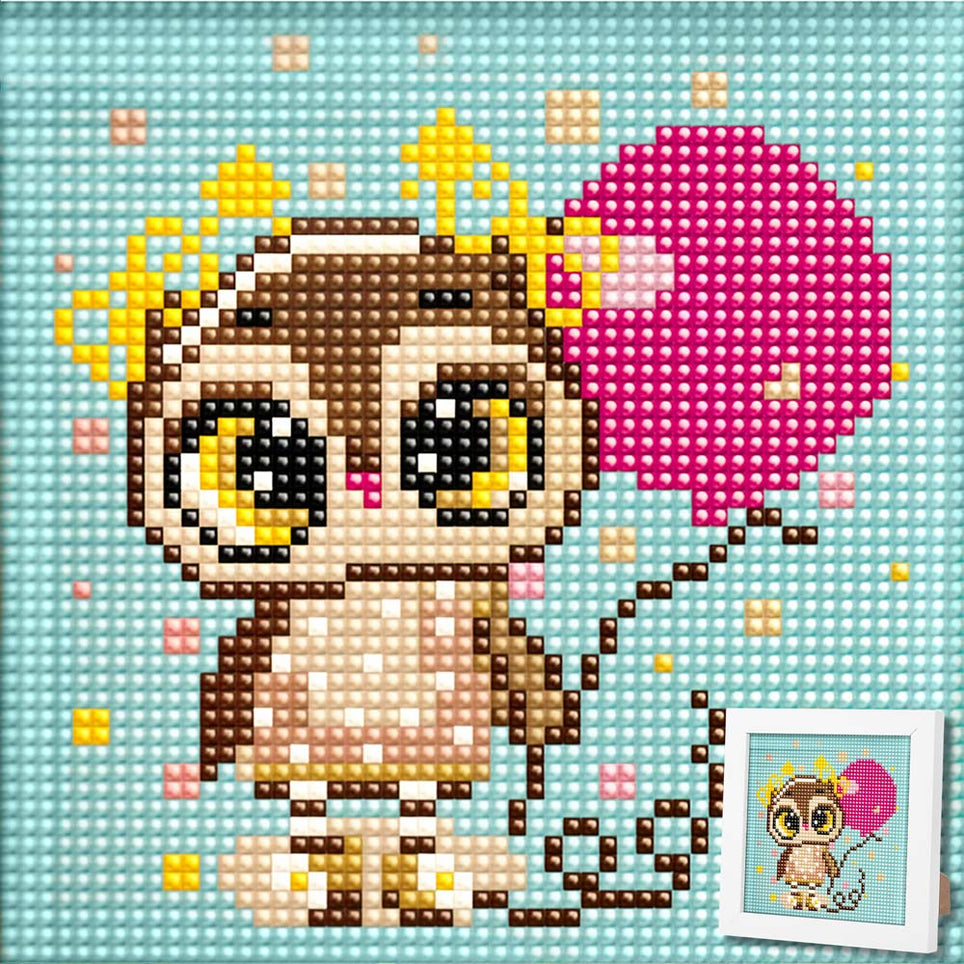 5D Diamond Painting Mini-Bild – Party-Eule Elina mit Herzballon, Unique-Diamond