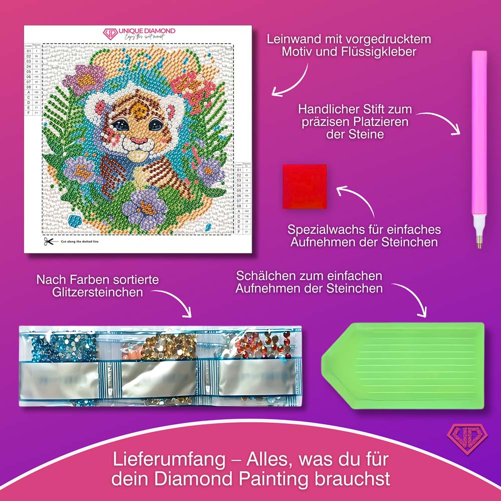 5D Diamond Painting Tigerbaby Tilda im Blütenzauber mit Strasssteinchen, Unique-Diamond
