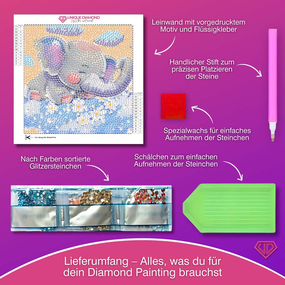 5D Diamond Painting Träumender Elefant Emil auf Blumenwolken mit Strasssteinchen, Unique-Diamond