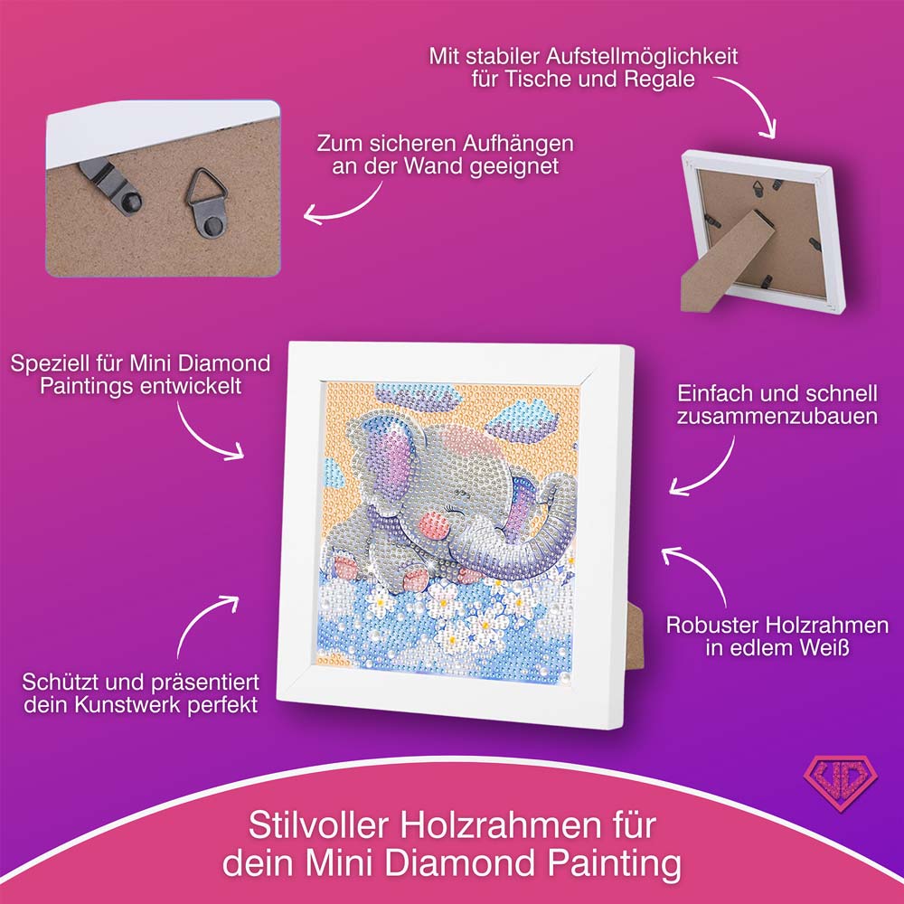 5D Diamond Painting Träumender Elefant Emil auf Blumenwolken mit Strasssteinchen, Unique-Diamond