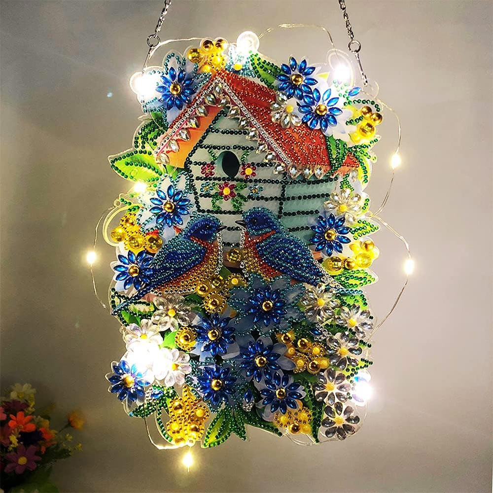 5D Diamond Painting Türanhänger Vogelhäuschen mit LED und Anhänger, Unique-Diamond