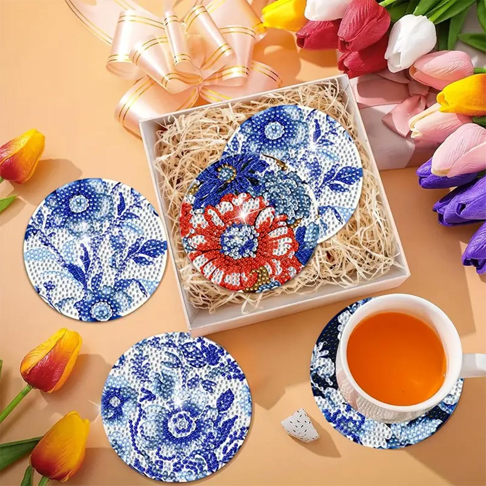5D Diamond Painting Untersetzer – Blumenmuster Eleganz in Blau und Rot, Unique-Diamond