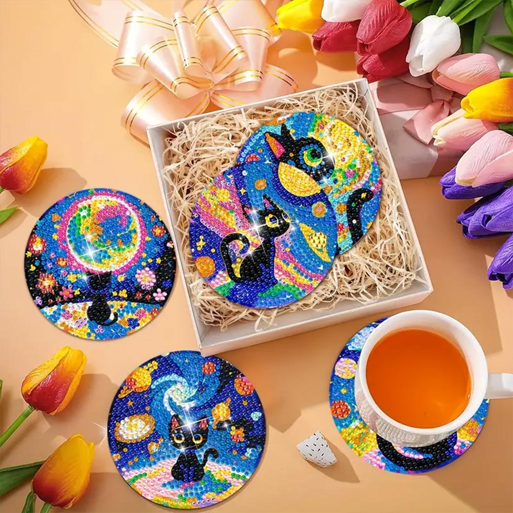 5D Diamond Painting Untersetzer – Galaktische Katzen, Unique-Diamond