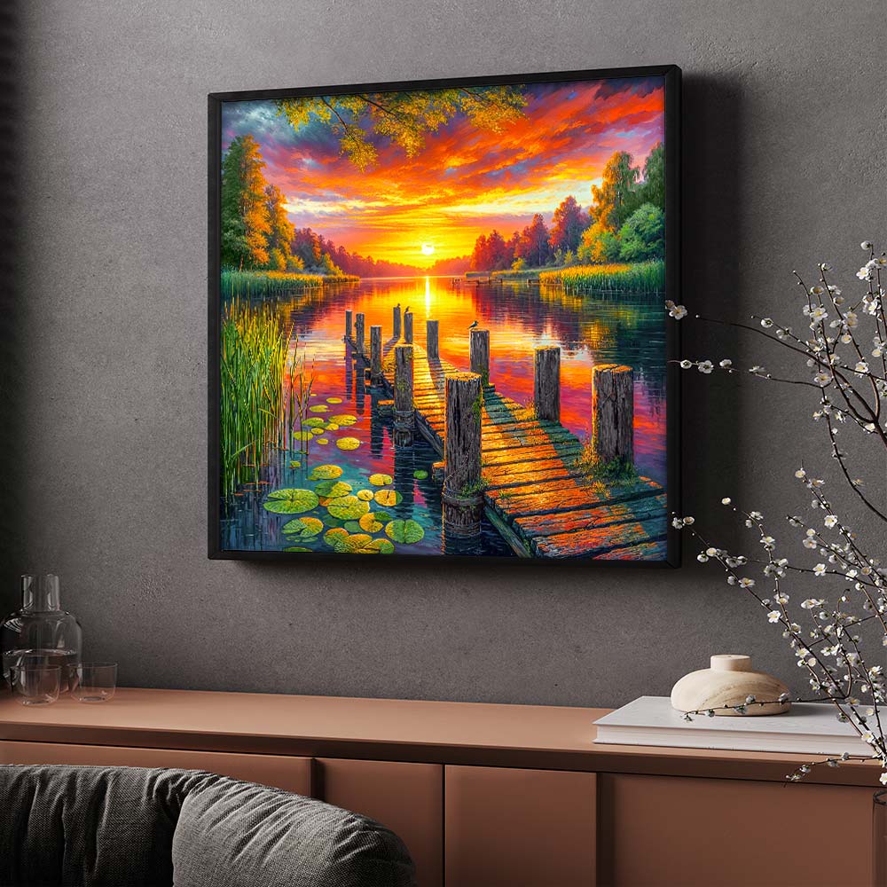 5D Diamond Painting – Abendgold am Seeufer, Unique-Diamond