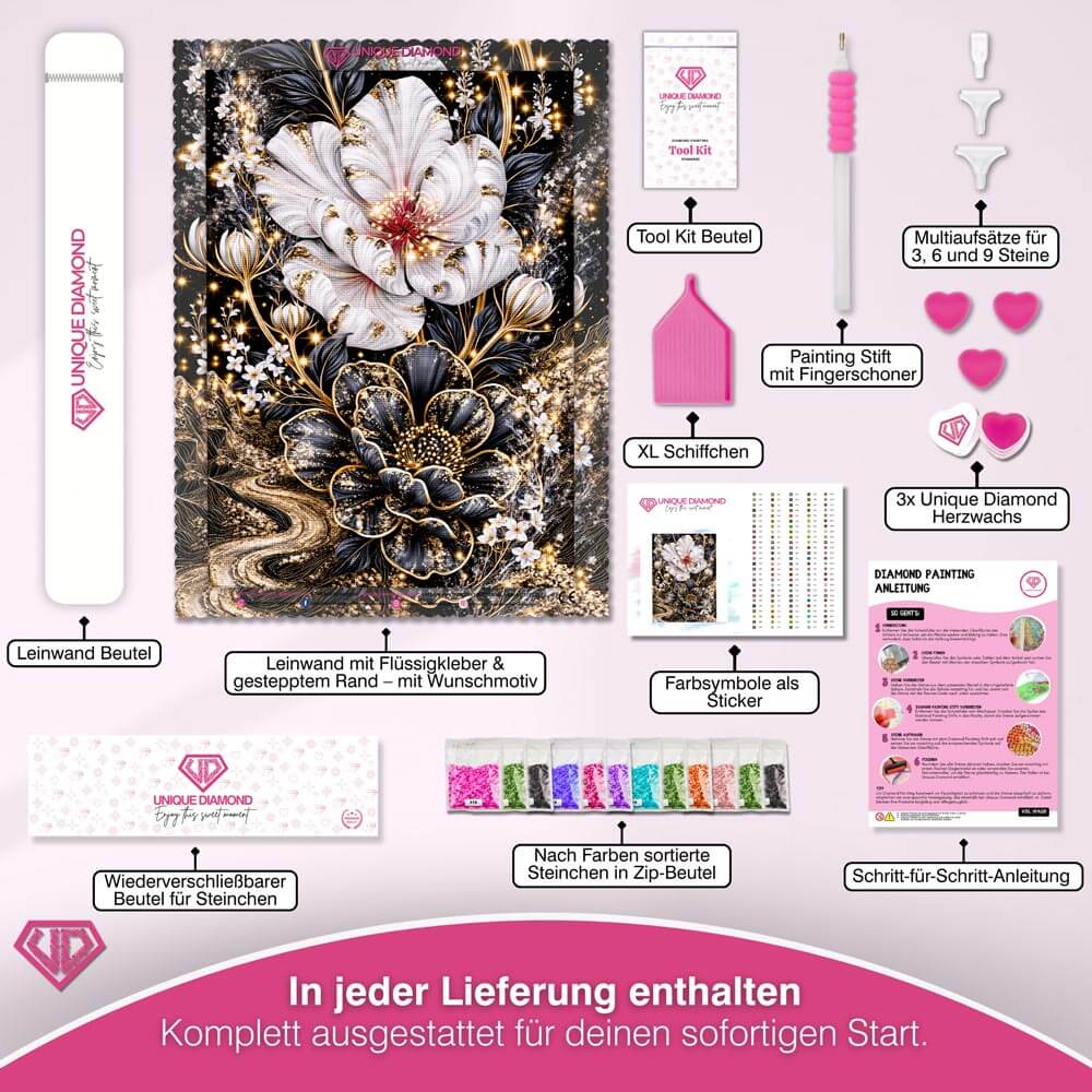5D Diamond Painting – Blütenduett im Sternengold