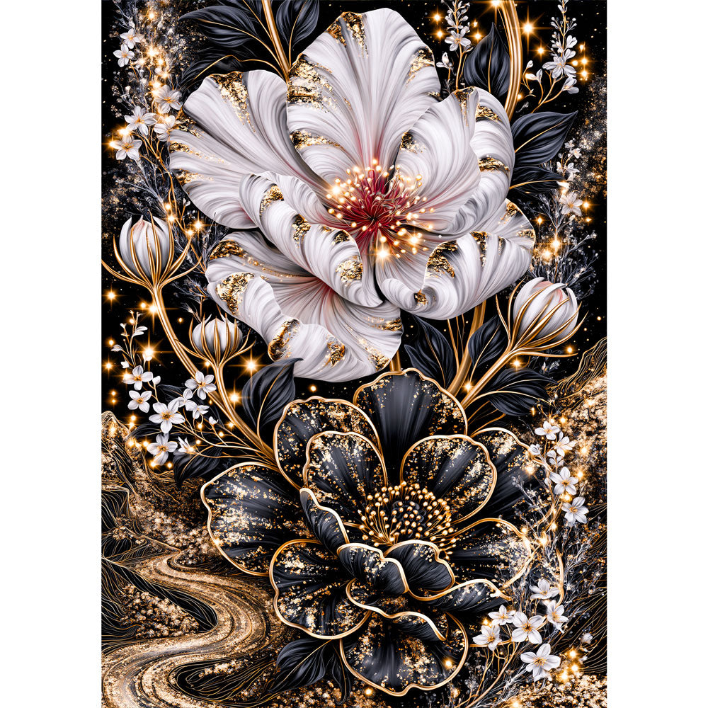 5D Diamond Painting – Blütenduett im Sternengold | Unique Diamond