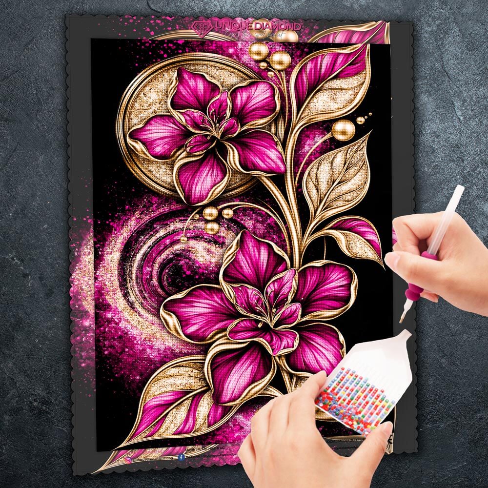 5D Diamond Painting – Blütenjuwel in Magenta & Gold