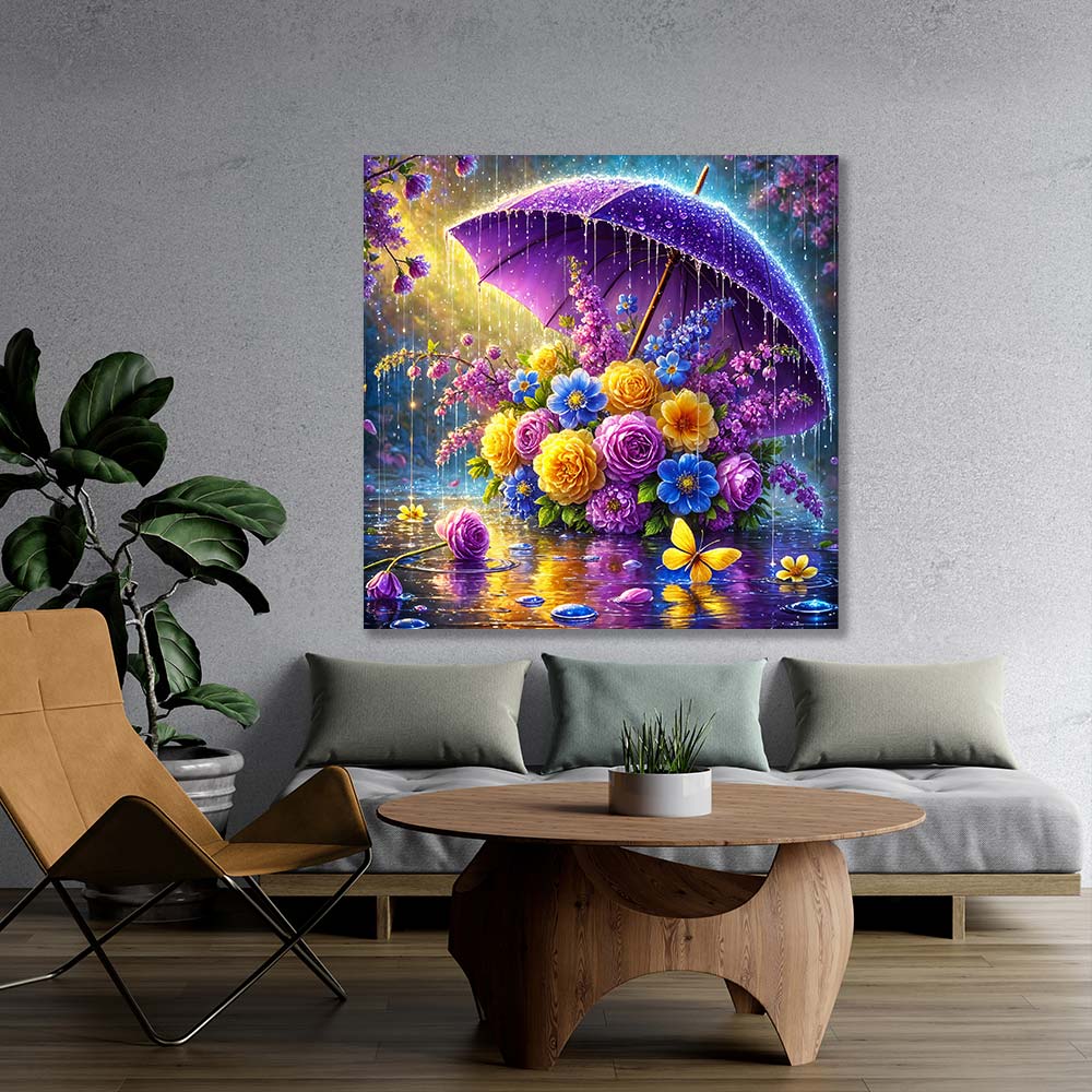 5D Diamond Painting – Blütenschirm im Frühlingsregen, Unique-Diamond