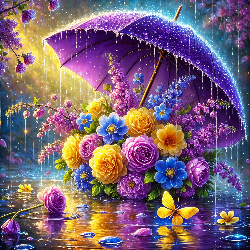 5D Diamond Painting – Blütenschirm im Frühlingsregen, Unique-Diamond