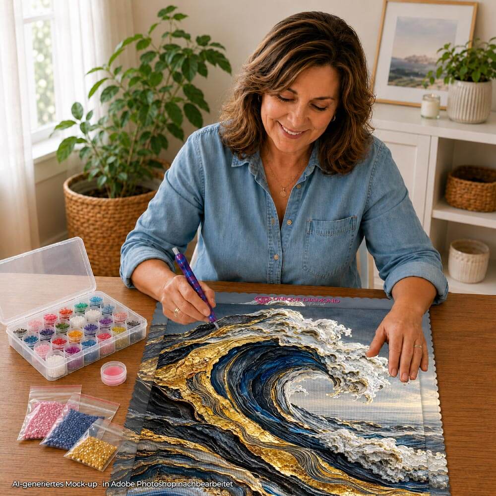 5D Diamond Painting – Brandung aus Gold und Saphir
